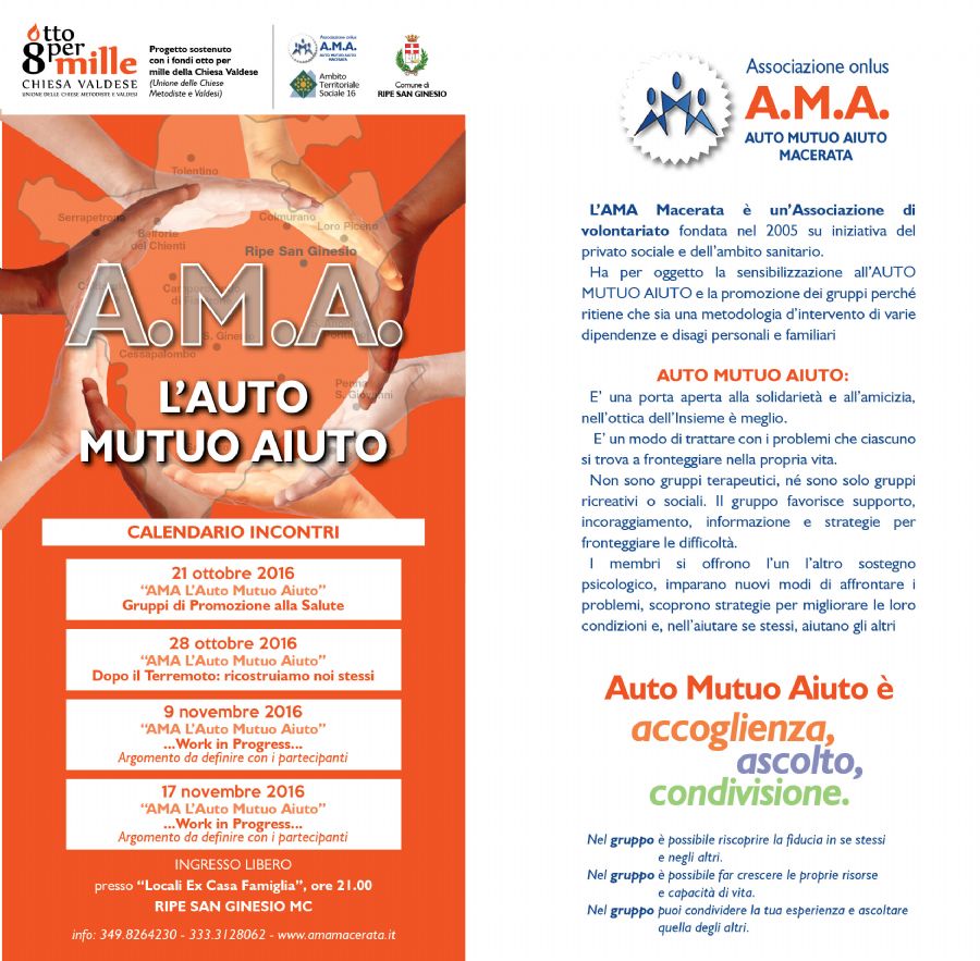 Associazione Onlus Auto Mutuo Aiuto A.M.A. Macerata – Calendario incontri per i mesi di ottobre e novembre 