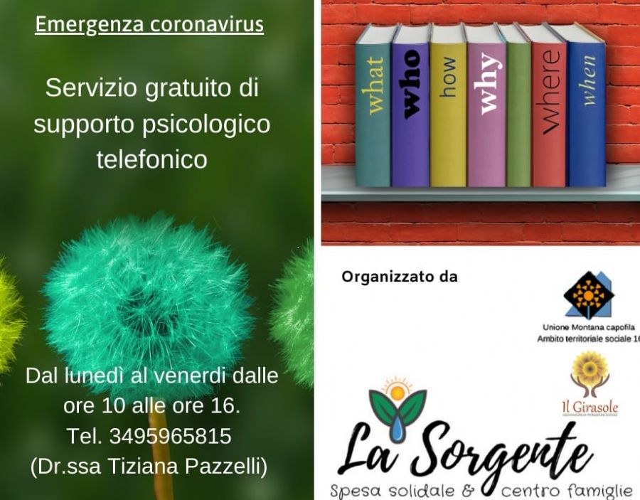 SERVIZIO GRATUITO DI SUPPORTO PSICOLOGICO - EMERGENZA COVID19